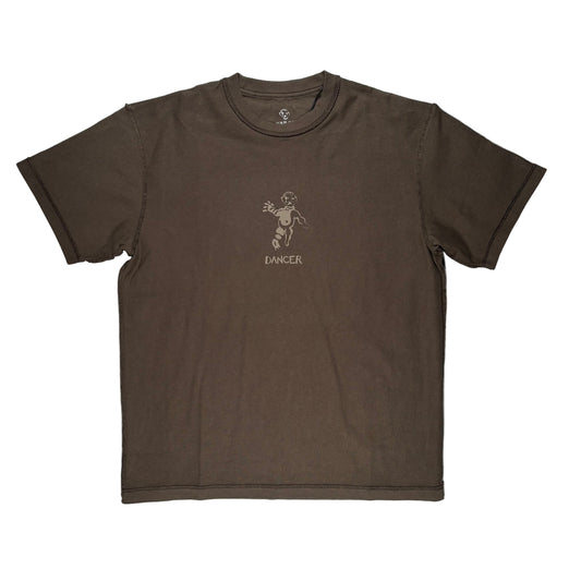 Brown washed style t-shirt with a graphic design on a white surface