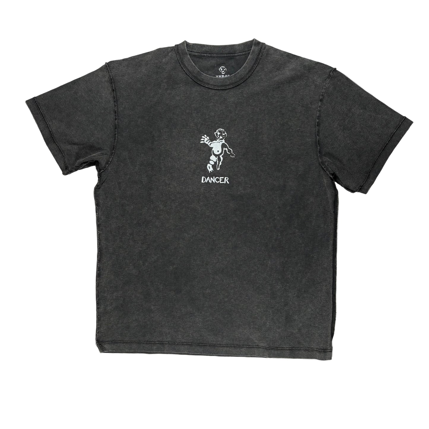 Black washed style t-shirt with a graphic design on a white surface