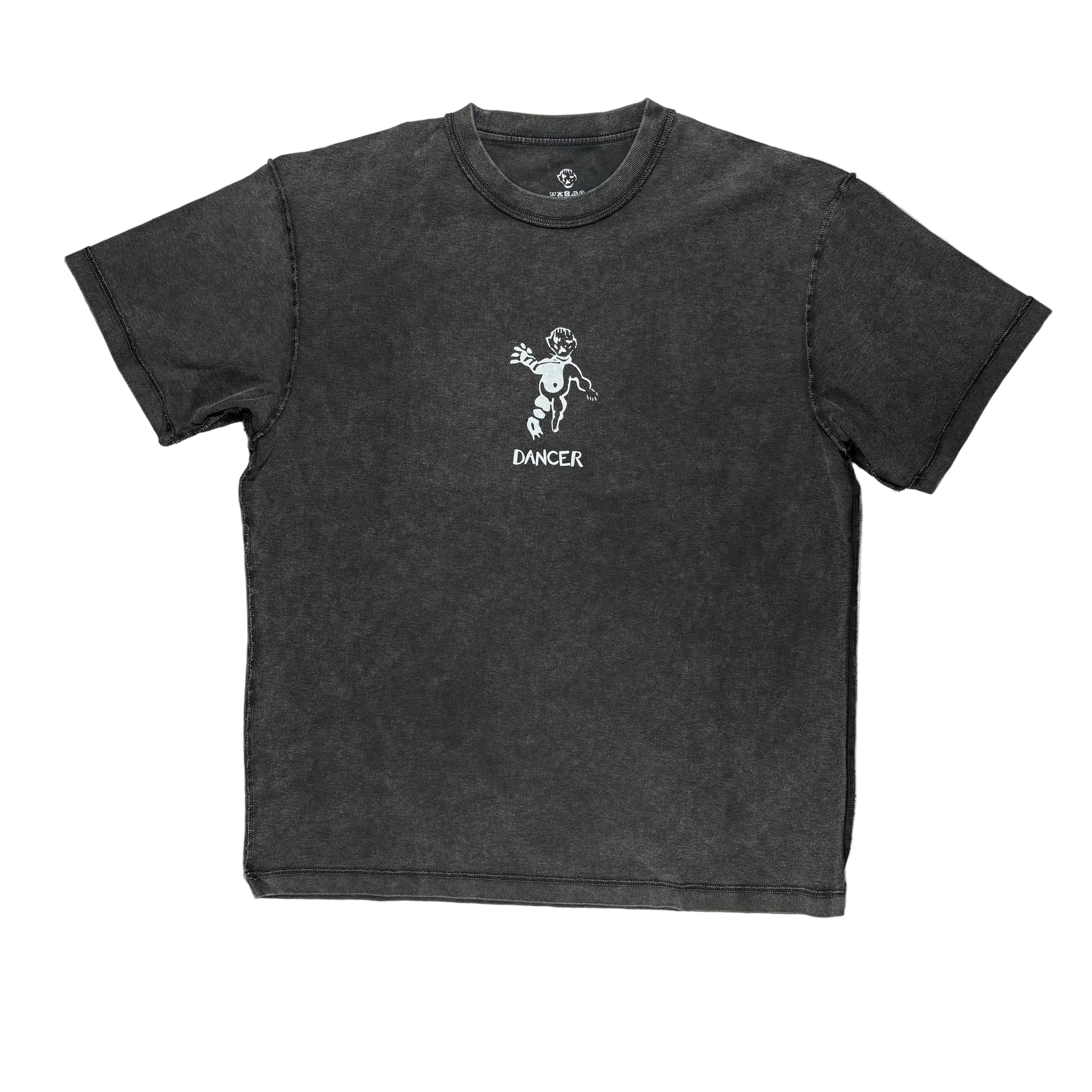 Black washed style t-shirt with a graphic design on a white surface