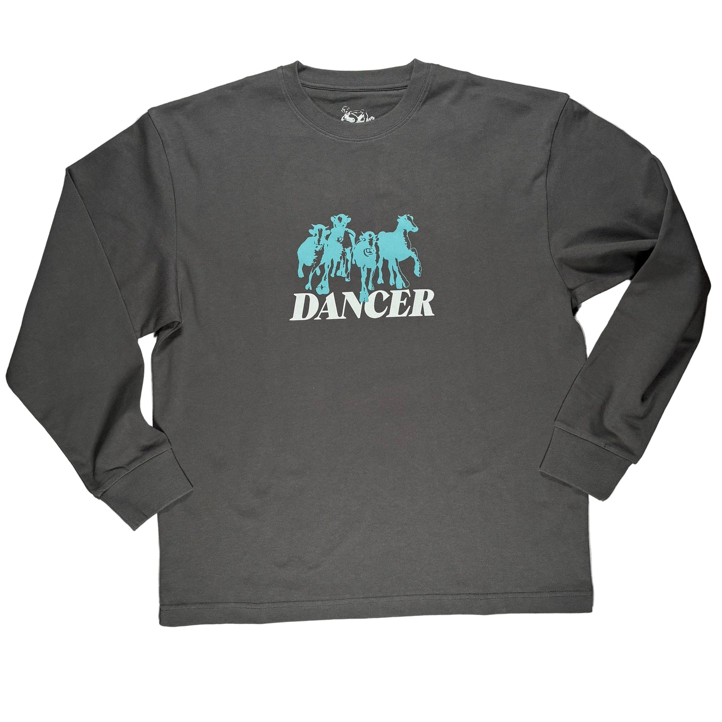 Gray long-sleeve shirt with teal horse graphic and 'DANCER' text on a white background