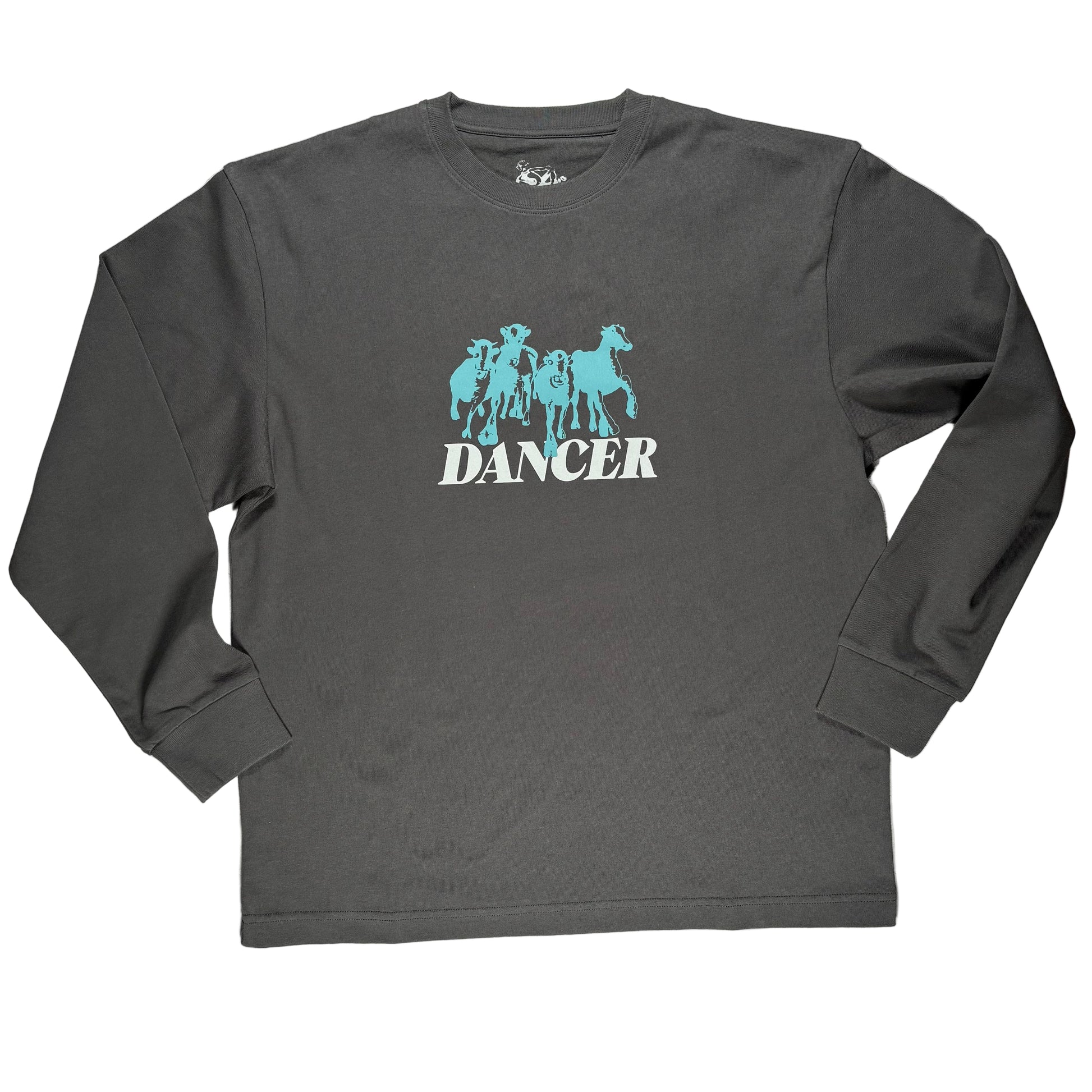 Gray long-sleeve shirt with teal horse graphic and 'DANCER' text on a white background