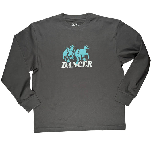 Gray long-sleeve shirt with teal horse graphic and 'DANCER' text on a white background