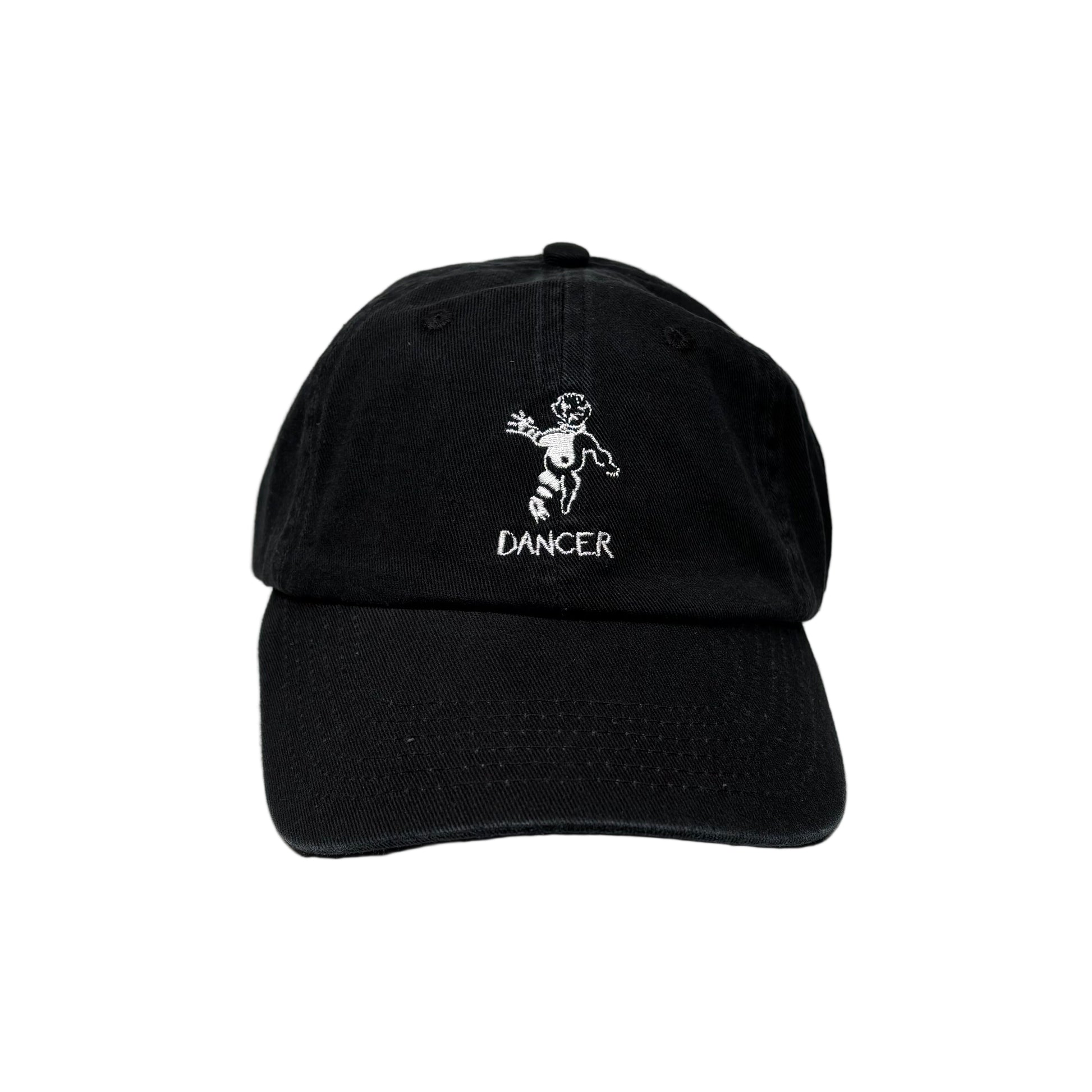Black cap with white logo and text on a white background