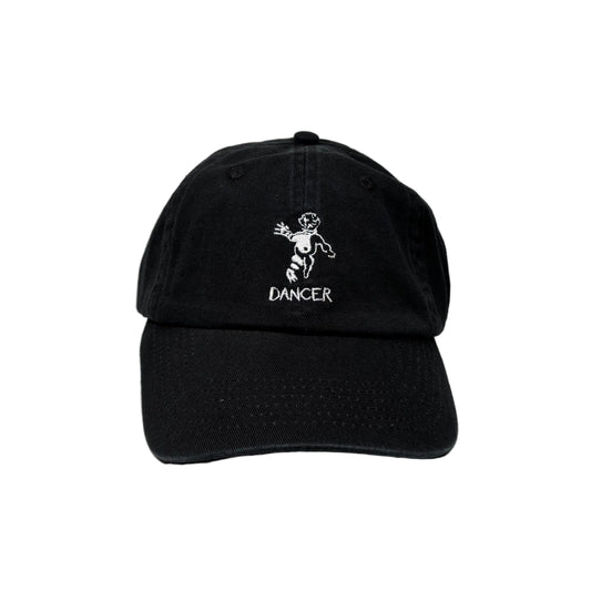 Black cap with white logo and text on a white background