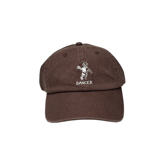 Brown cap with a logo and text on a white background