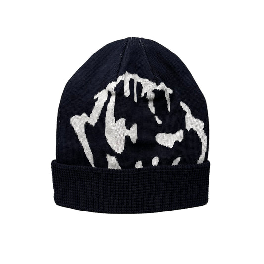 Black beanie with white abstract design on a white background
