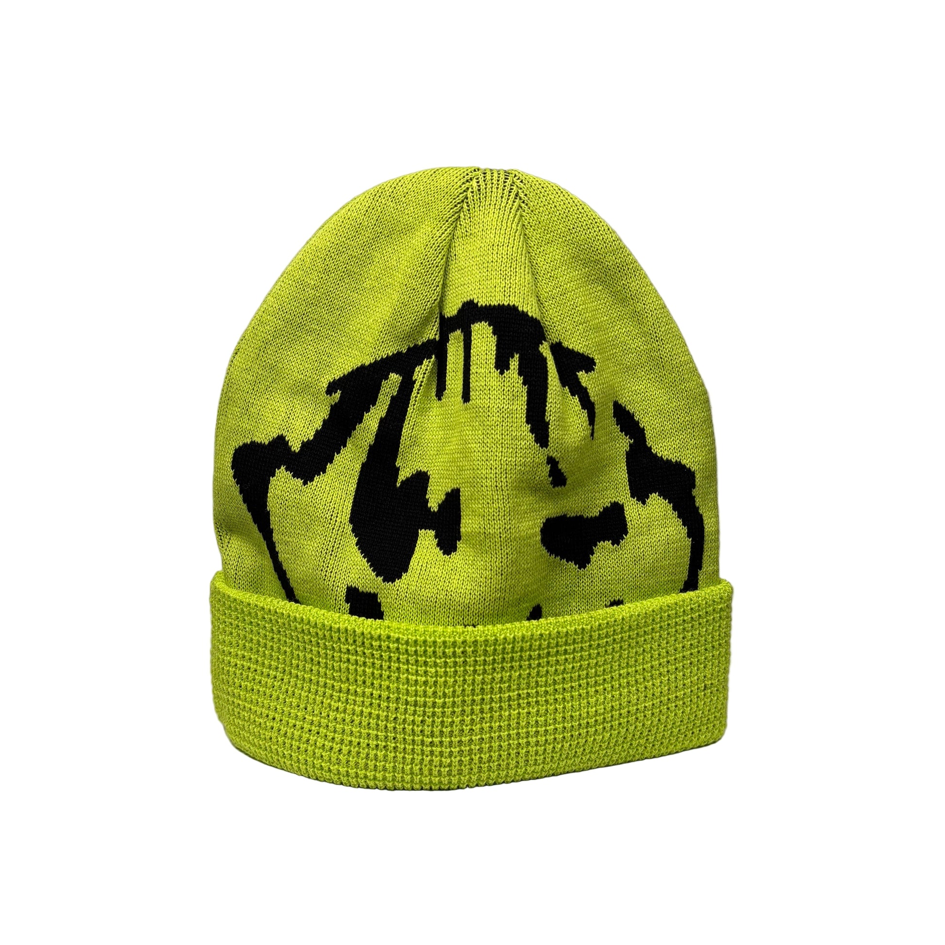 Green knit beanie with black abstract design on a white background