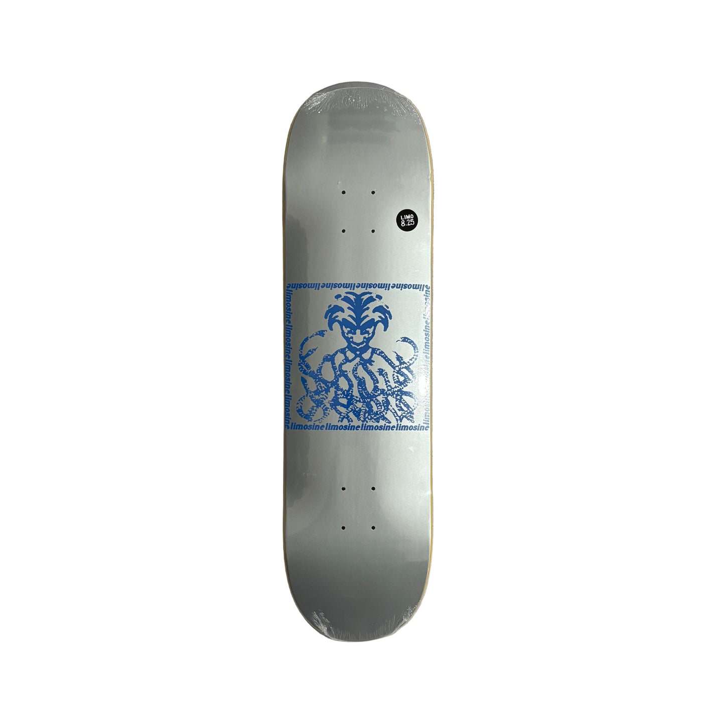 Skateboard deck with blue graphic design on a white background