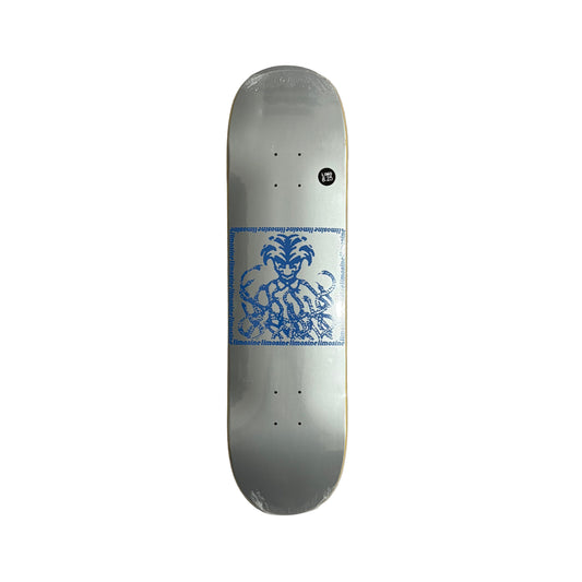 Skateboard deck with blue graphic design on a white background