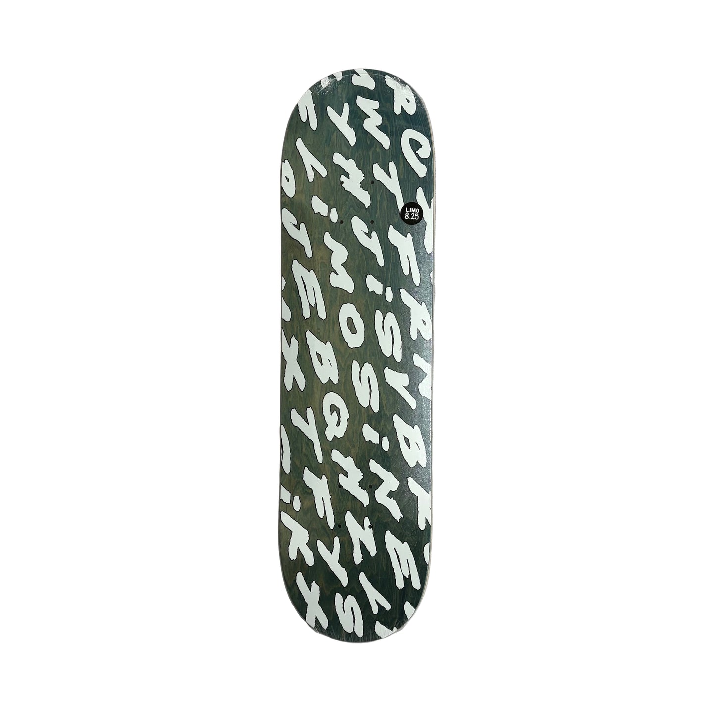 Skateboard deck with white text on a white background