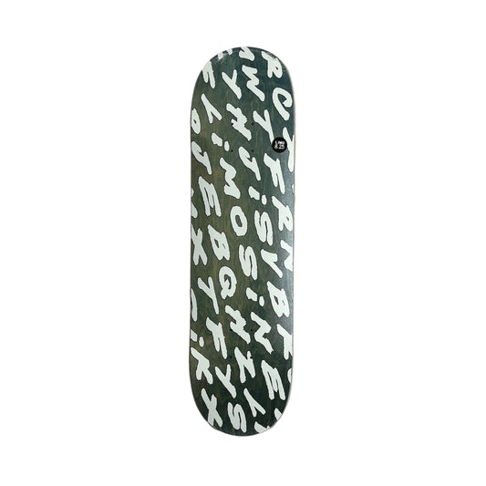 Skateboard deck with white text on a white background
