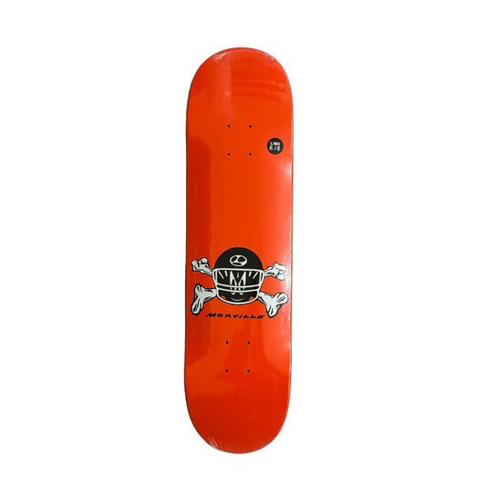 Orange skateboard deck with a black and white graphic on a white surface