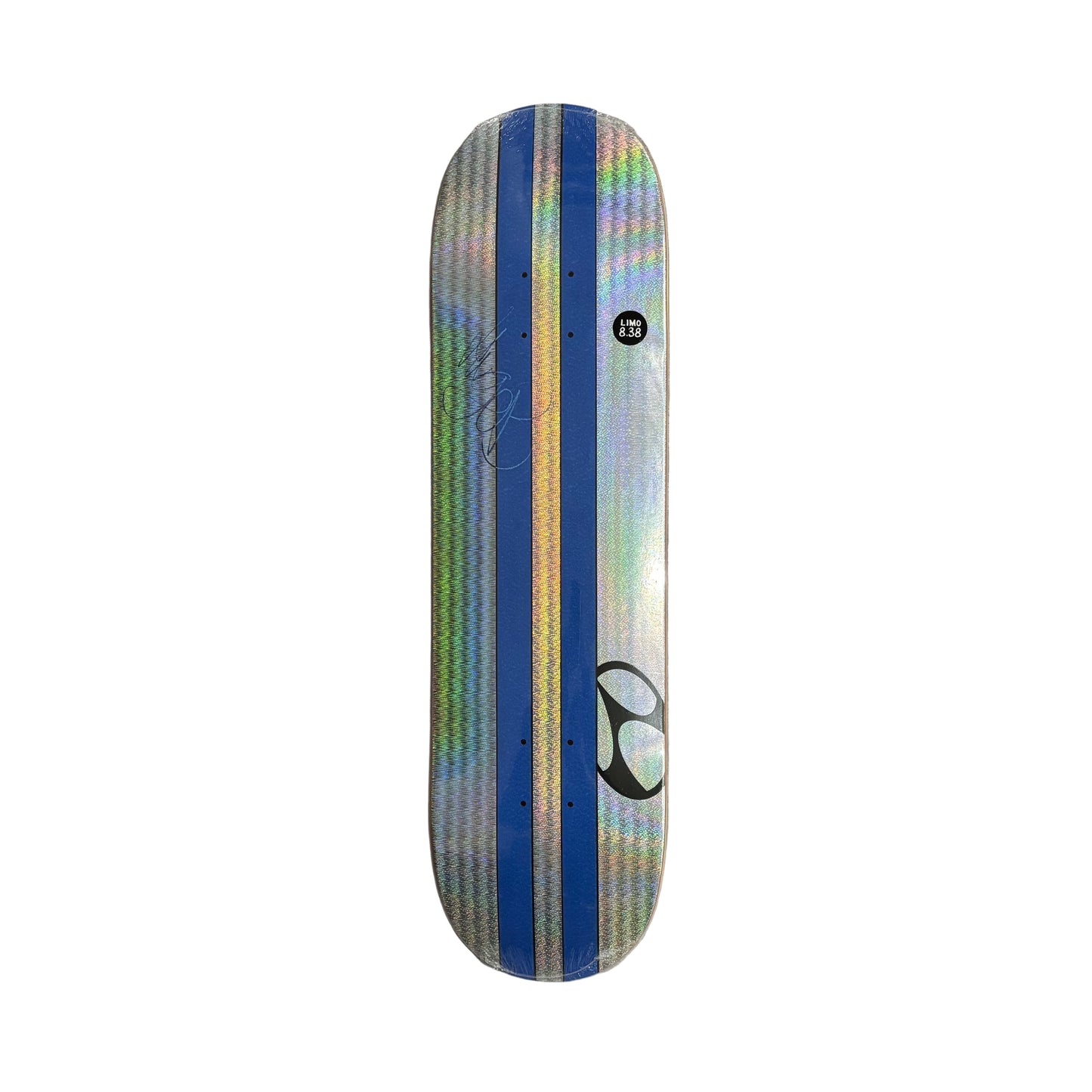 Skateboard deck with striped pattern on a white surface