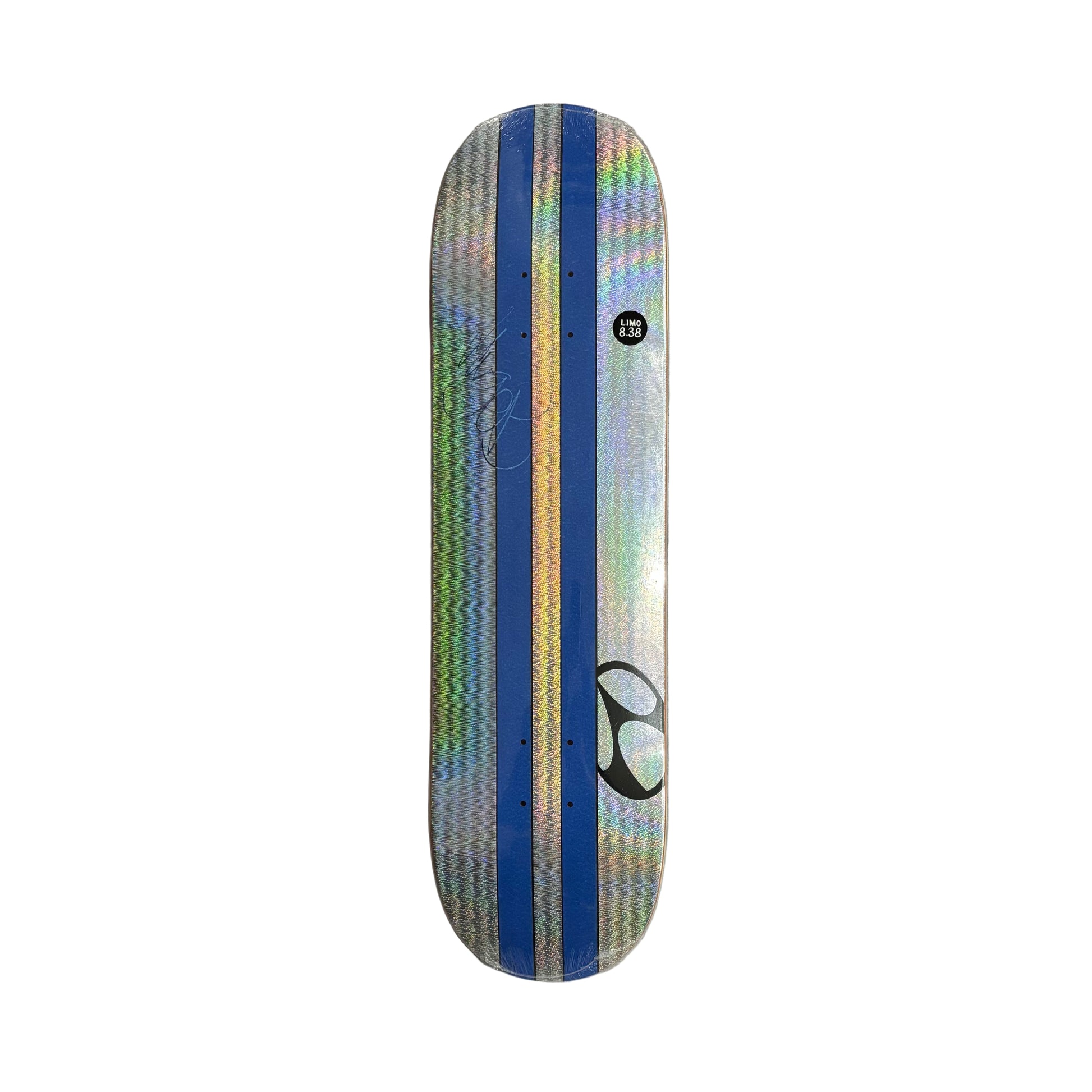 Skateboard deck with striped pattern on a white surface