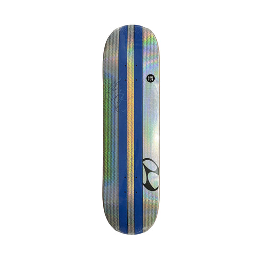 Skateboard deck with striped pattern on a white surface
