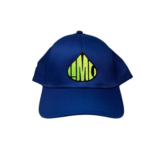 Blue cap with a green logo on a white pedestal against a white background