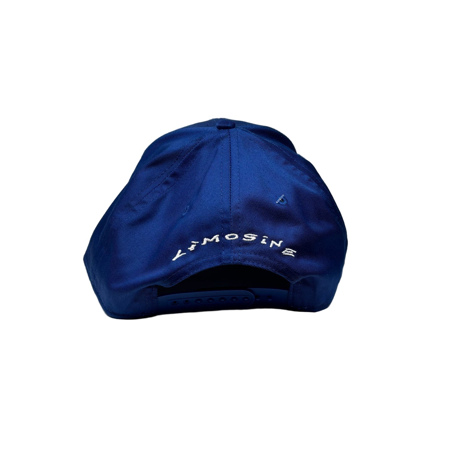 rear of Blue cap with white text on a white pedestal against a white  background