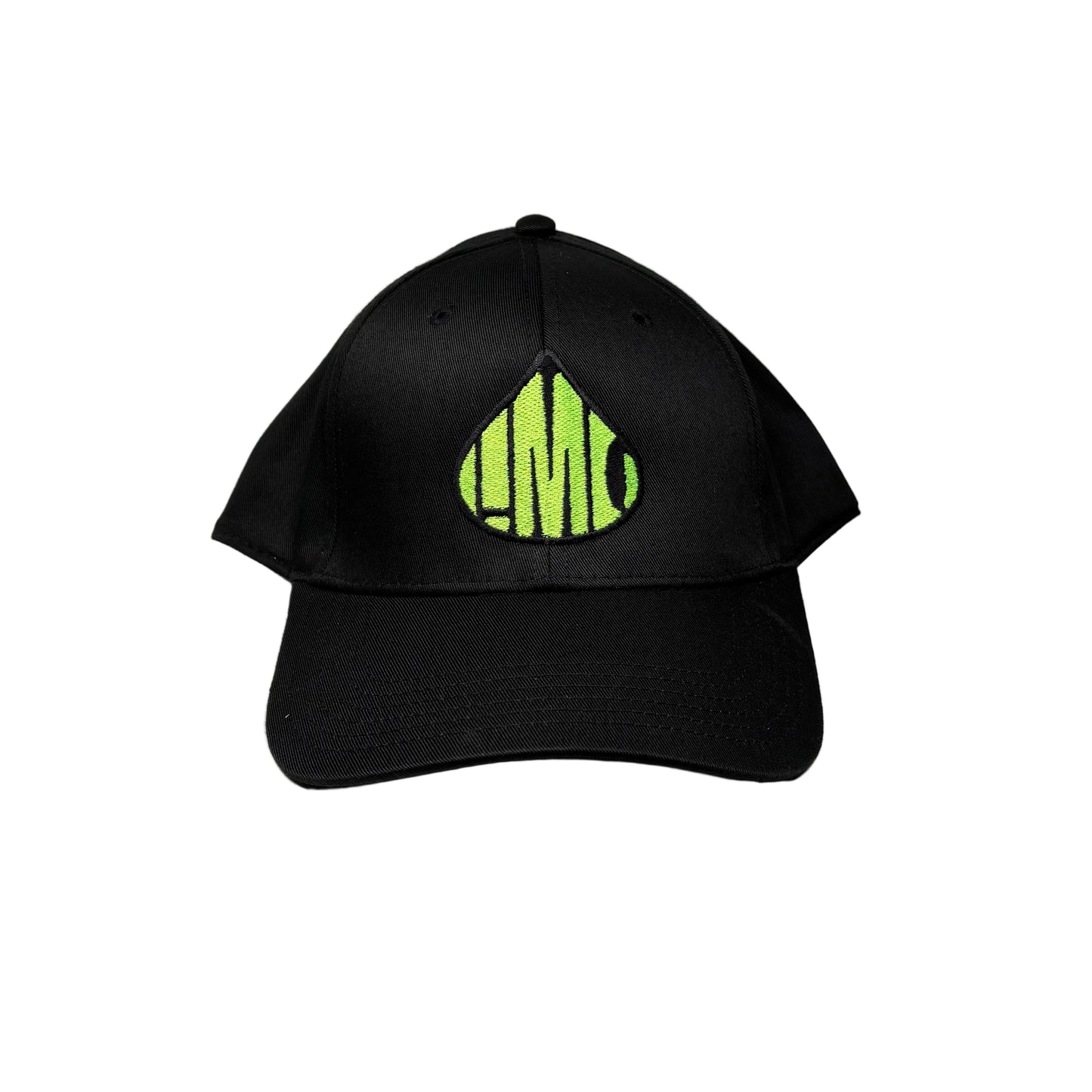 Black cap with a green logo on a white  background