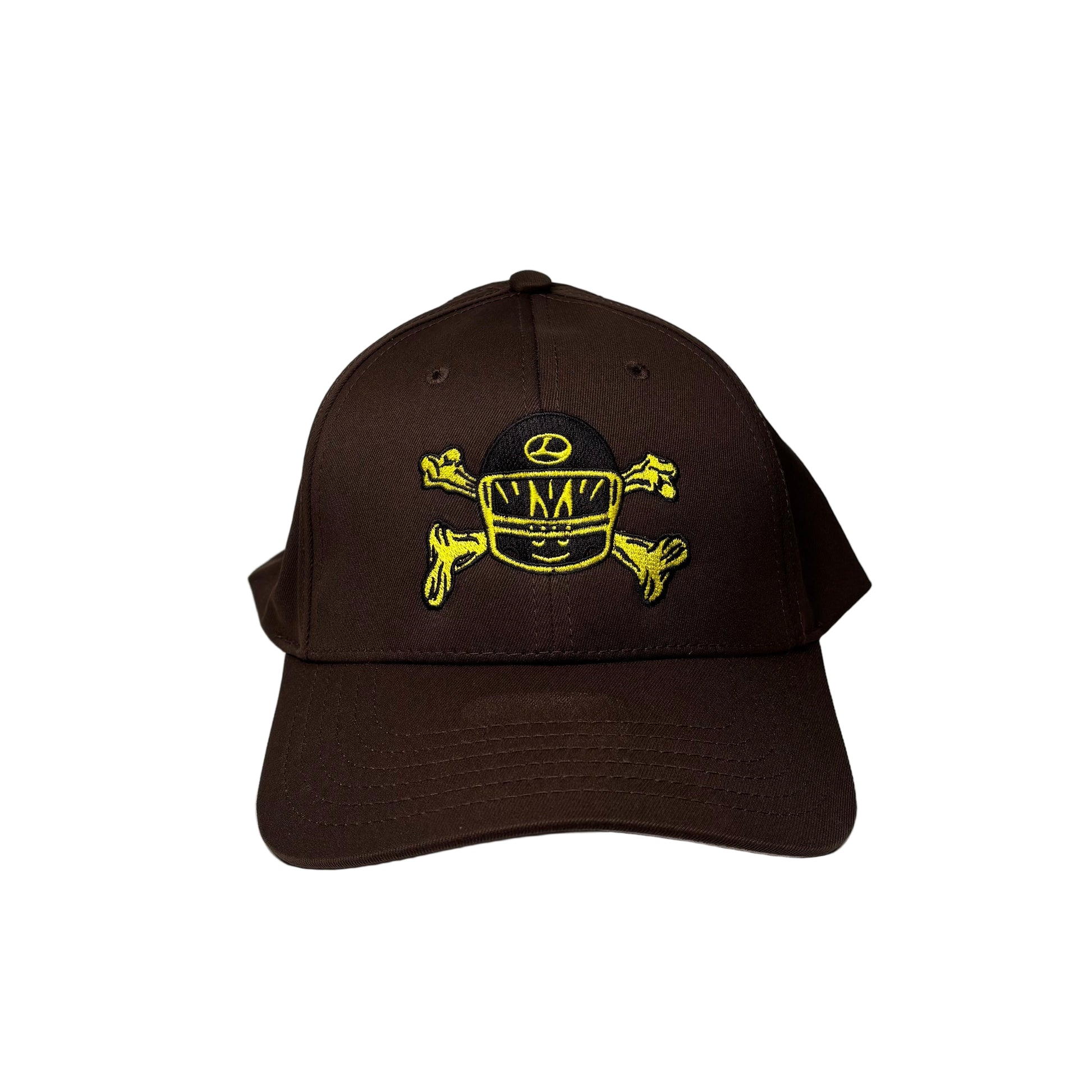 Brown cap with yellow logo on a white  background