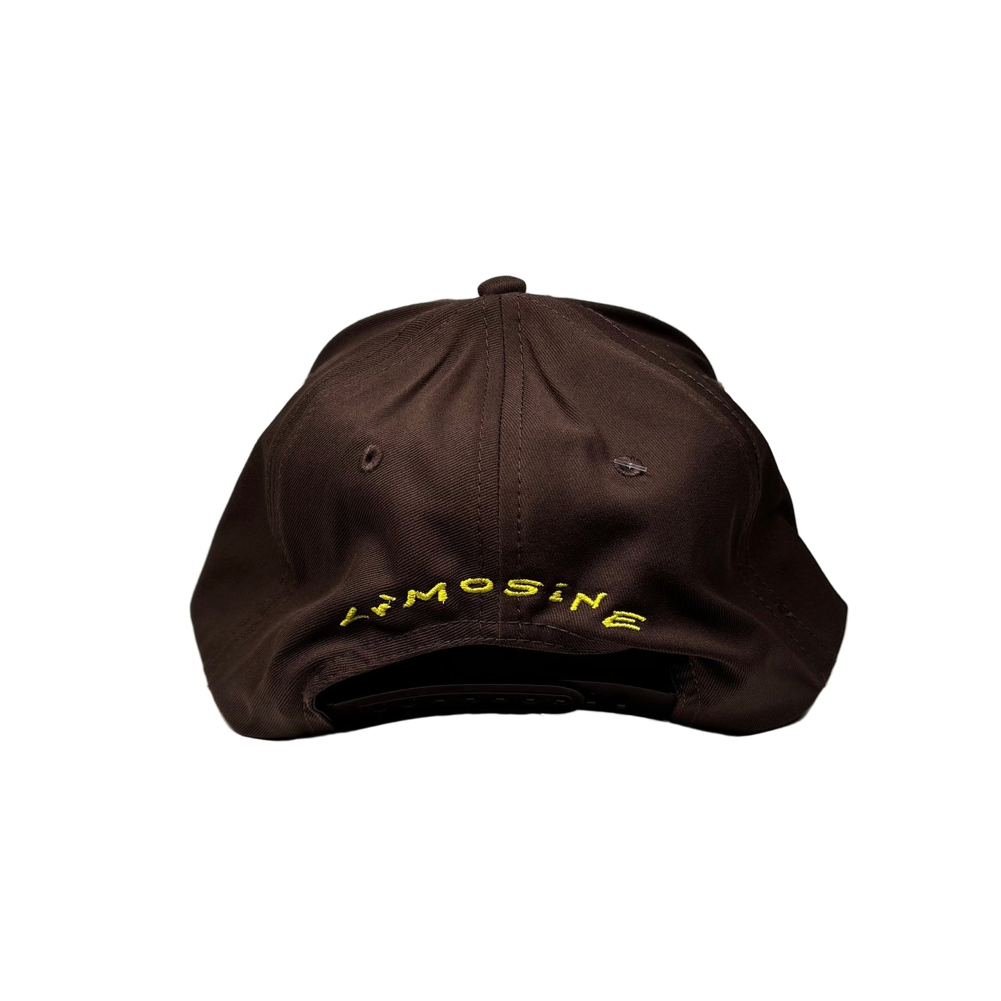 rear of Brown cap with yellow text on a white background
