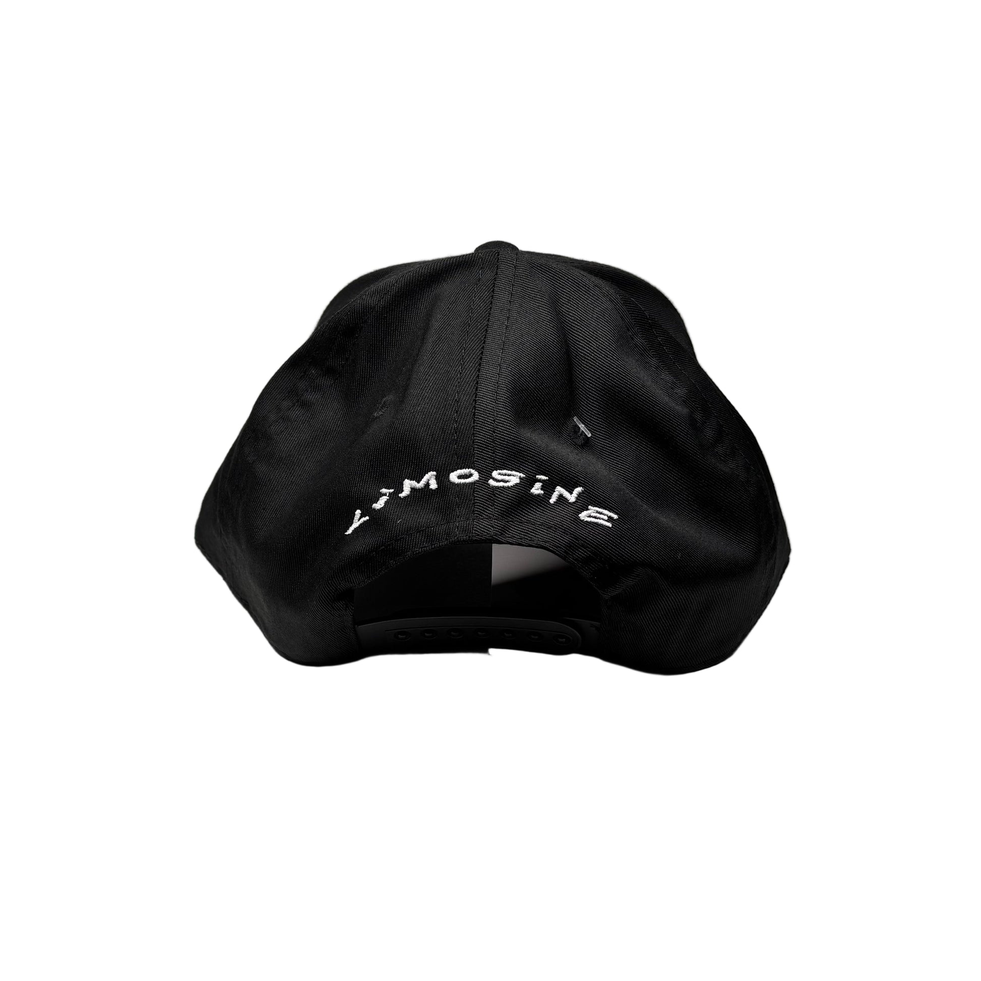 rear view of Black cap with white text on a white background