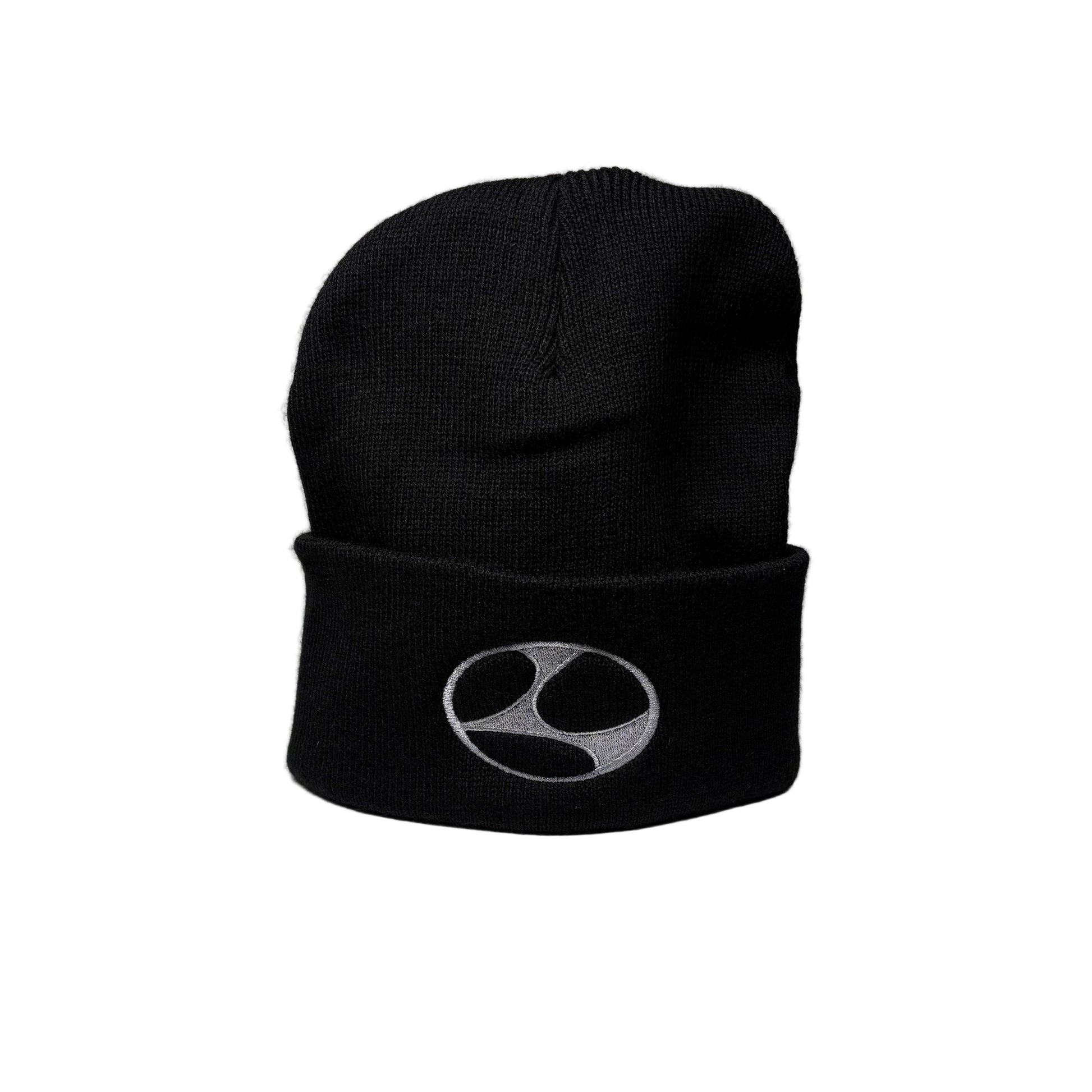 Black beanie with a logo on a white  background