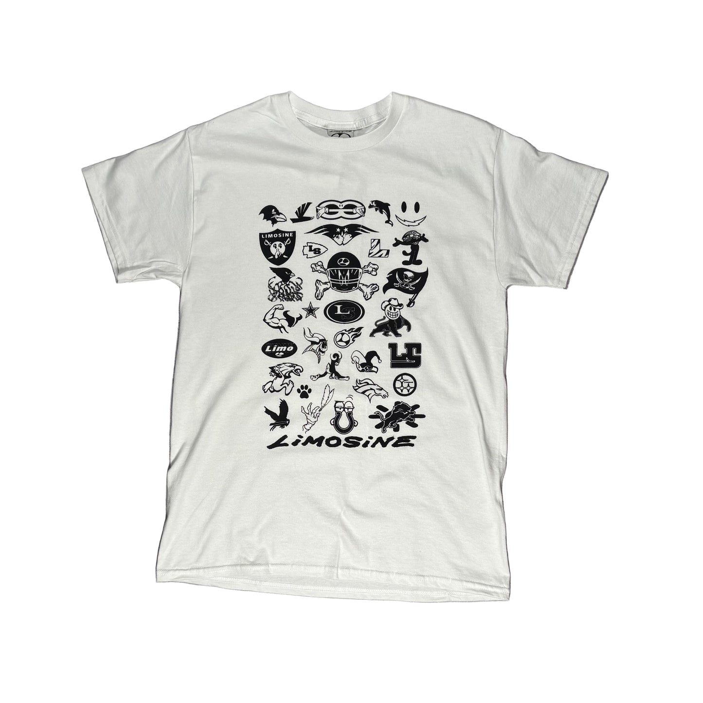 White t-shirt with black graphics and 'Limousine' text on a white surface.