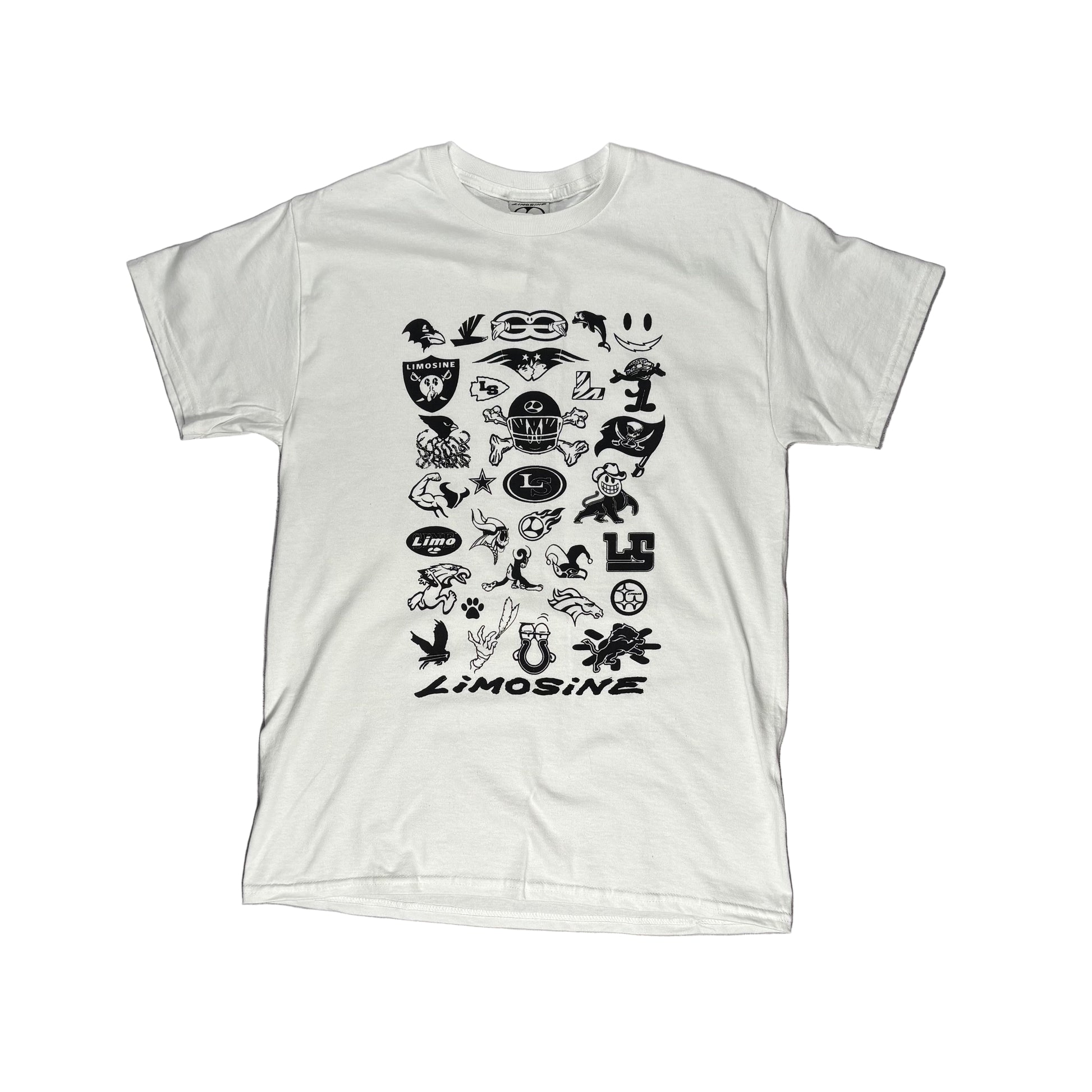 White t-shirt with black graphics and 'Limousine' text on a white surface.