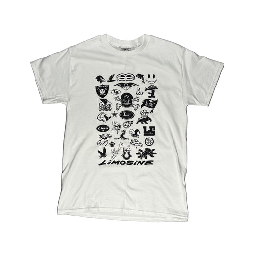 White t-shirt with black graphics and 'Limousine' text on a white surface.
