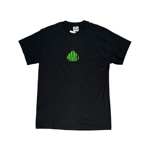 Black t-shirt with a green logo on a white surface