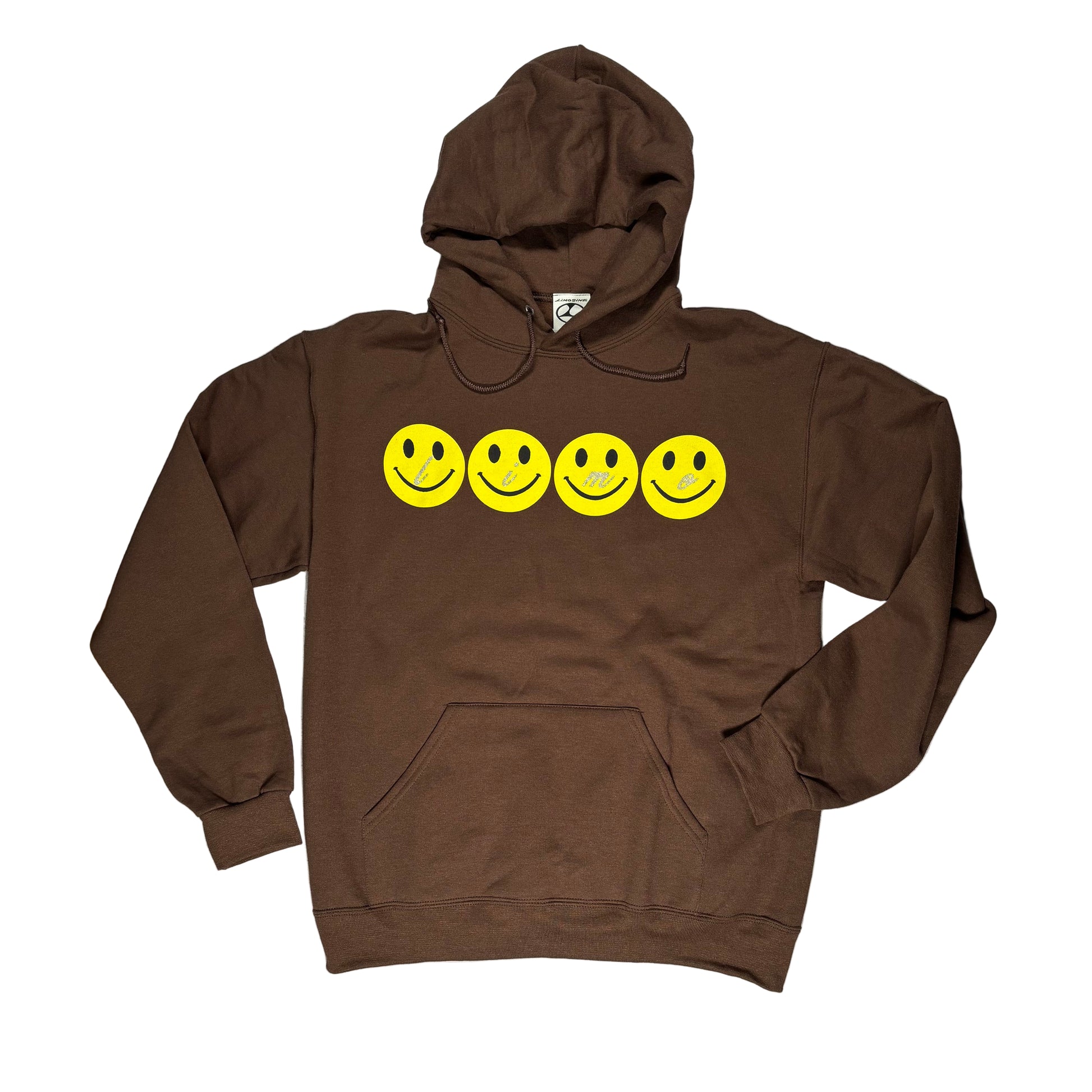Brown hoodie with yellow smiley faces on a white surface