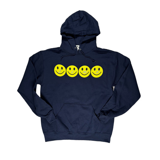 Navy blue hoodie with yellow smiley face graphics on a white surface.