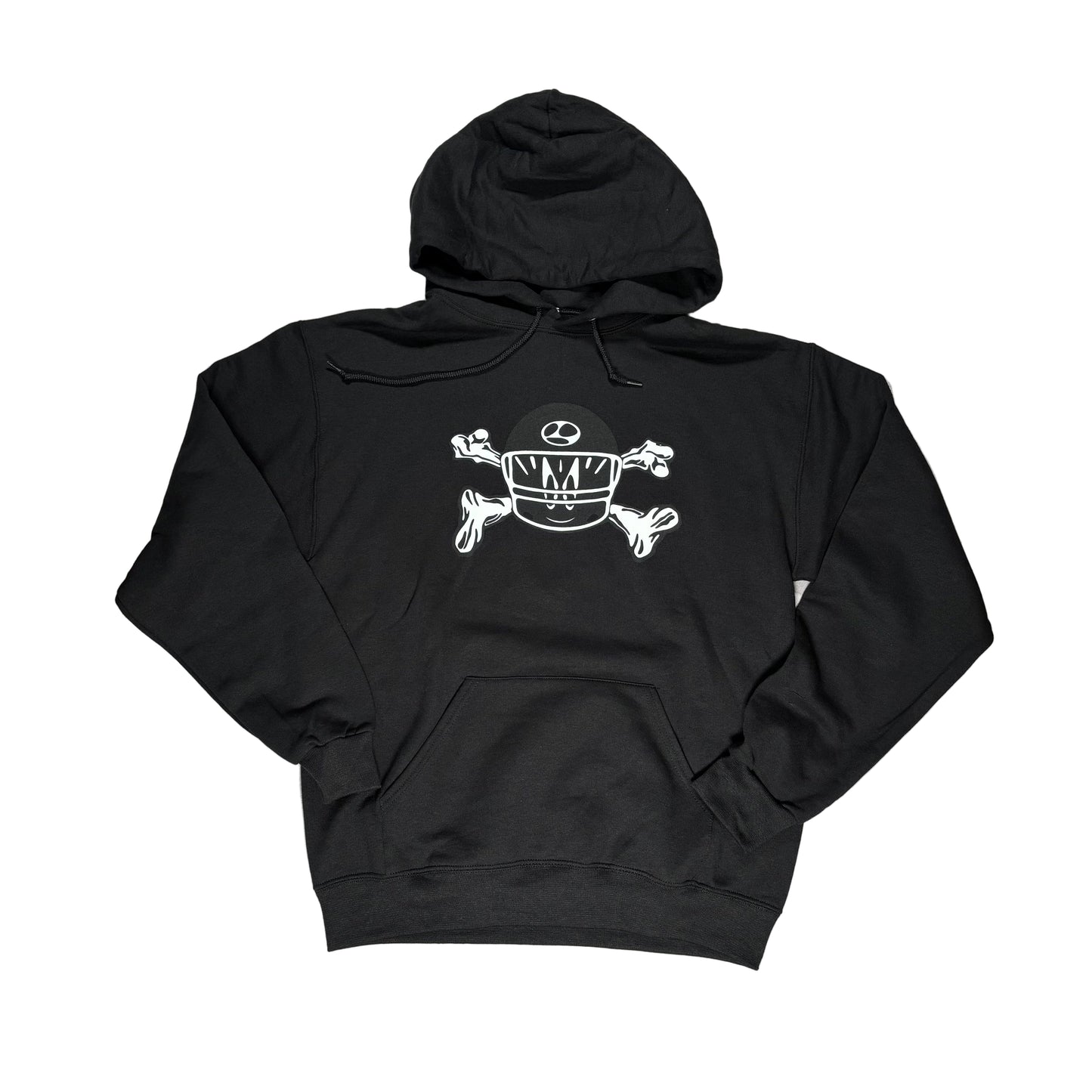 Black hoodie with a white graphic design on a white surface