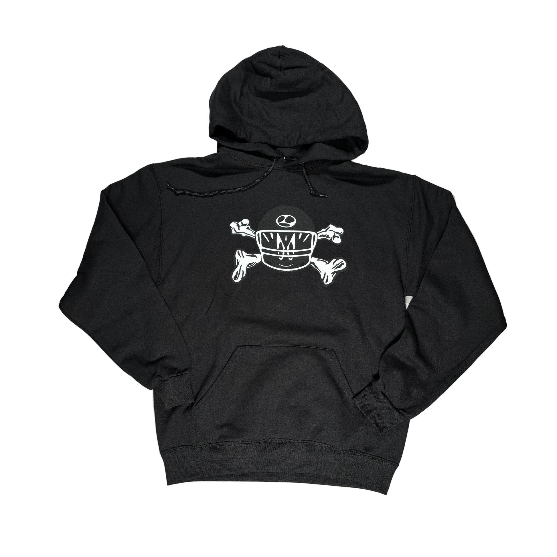 Black hoodie with a white graphic design on a white surface
