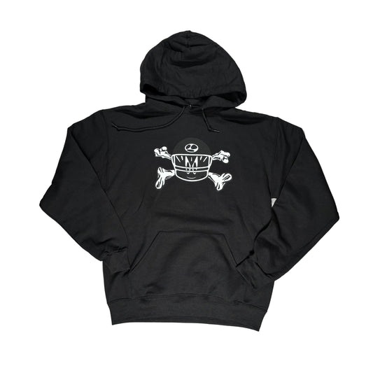 Black hoodie with a white graphic design on a white surface