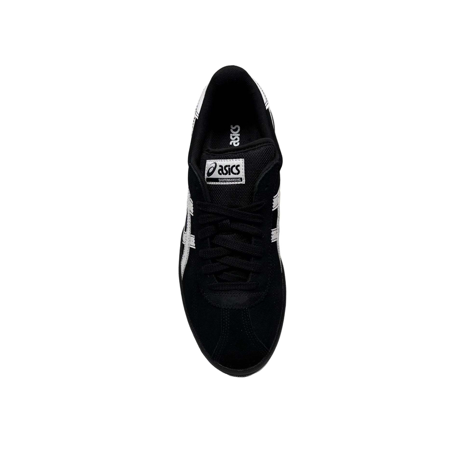 Black Asics sneaker on a white platform with a gray background