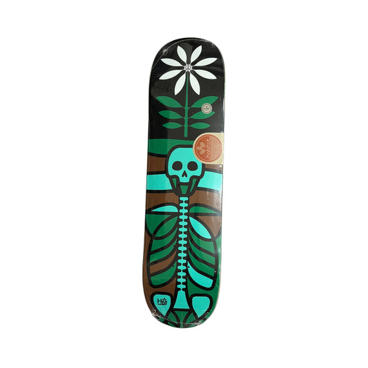 Skateboard deck with skeleton and flower design on a white surface