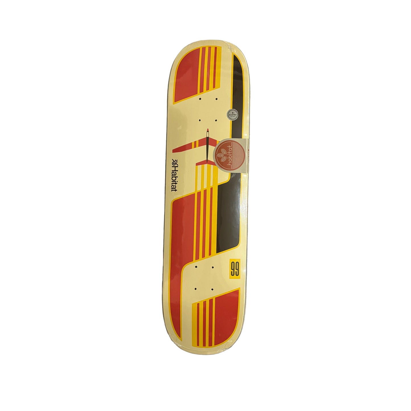 Skateboard deck with red and yellow design on a white surface