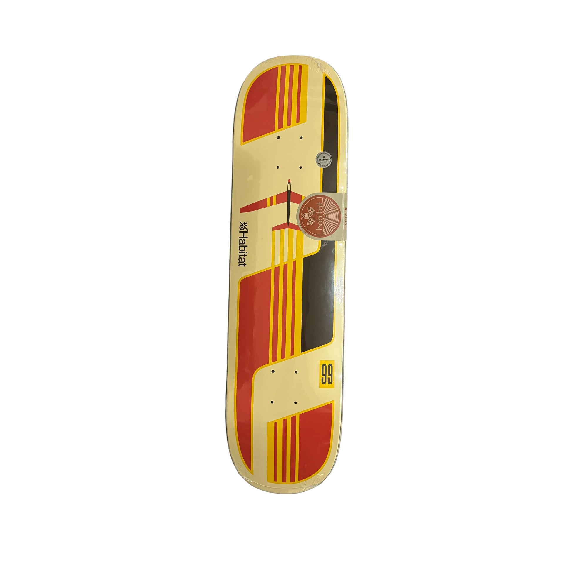 Skateboard deck with red and yellow design on a white surface