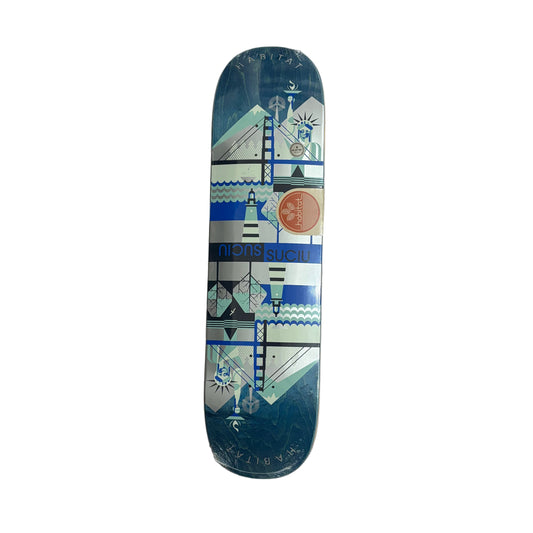 Skateboard deck with geometric design on a white surface