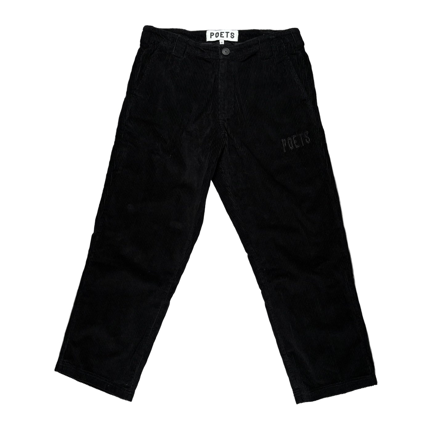 Black pants with 'POETS' branding on a white background