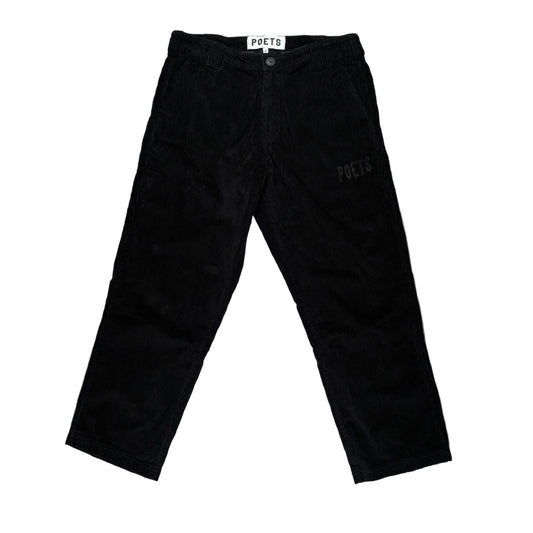 Black pants with 'POETS' branding on a white background