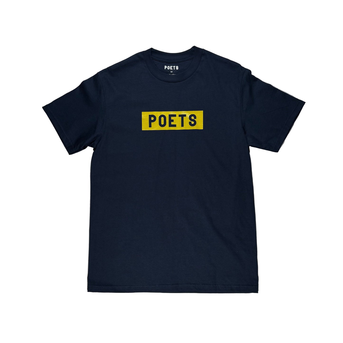 Black t-shirt with 'POETS' print on a white surface