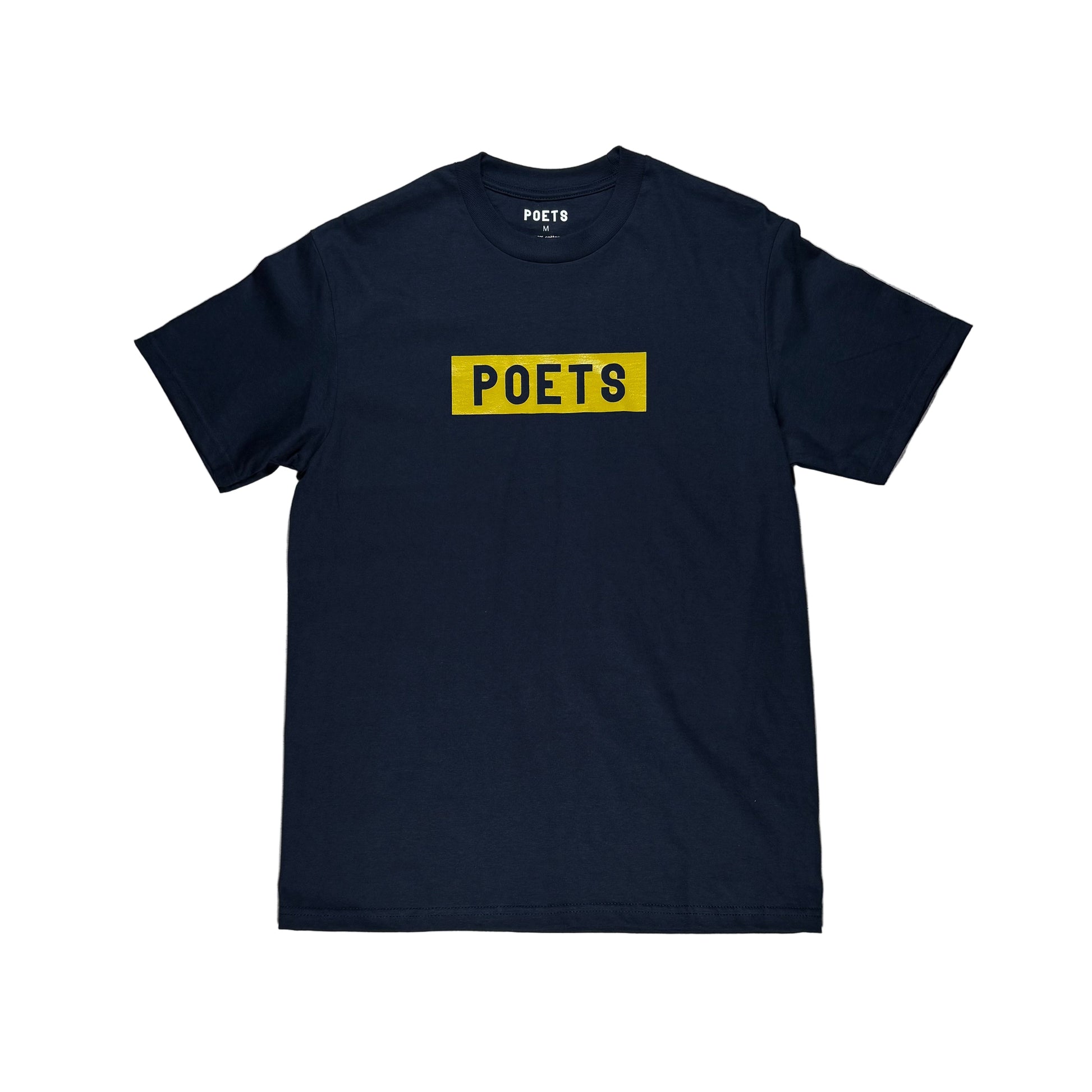 Black t-shirt with 'POETS' print on a white surface