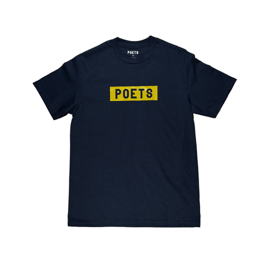 Black t-shirt with 'POETS' print on a white surface