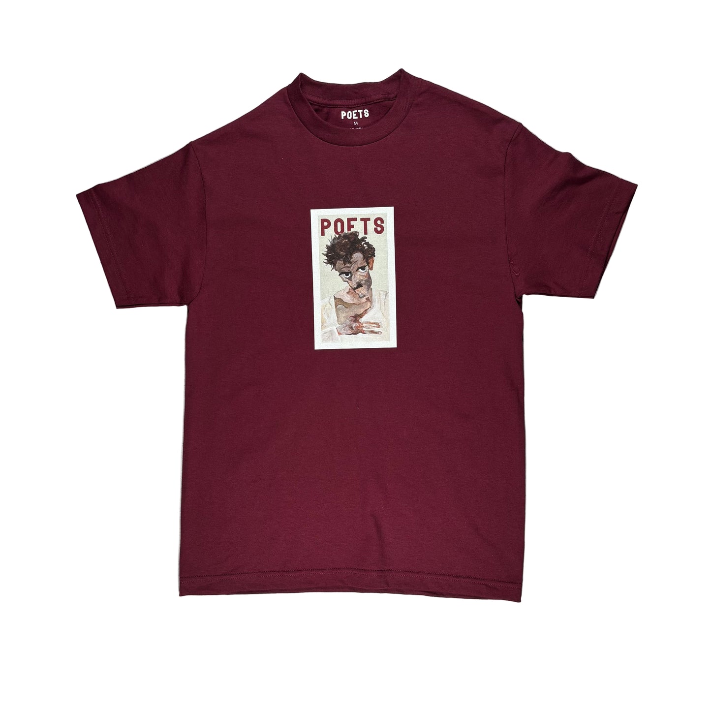 Maroon t-shirt with graphic design on a white surface