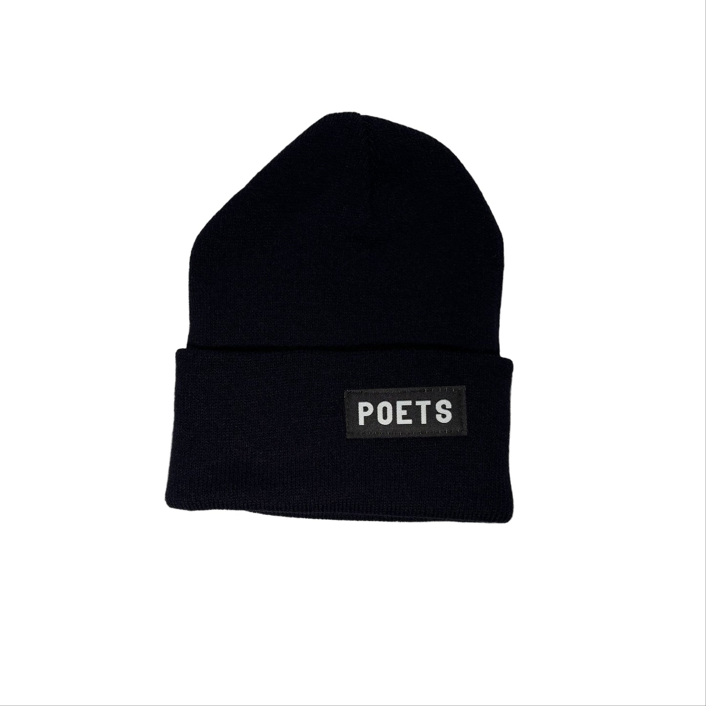 Black beanie with 'POET'S' label on a white surface
