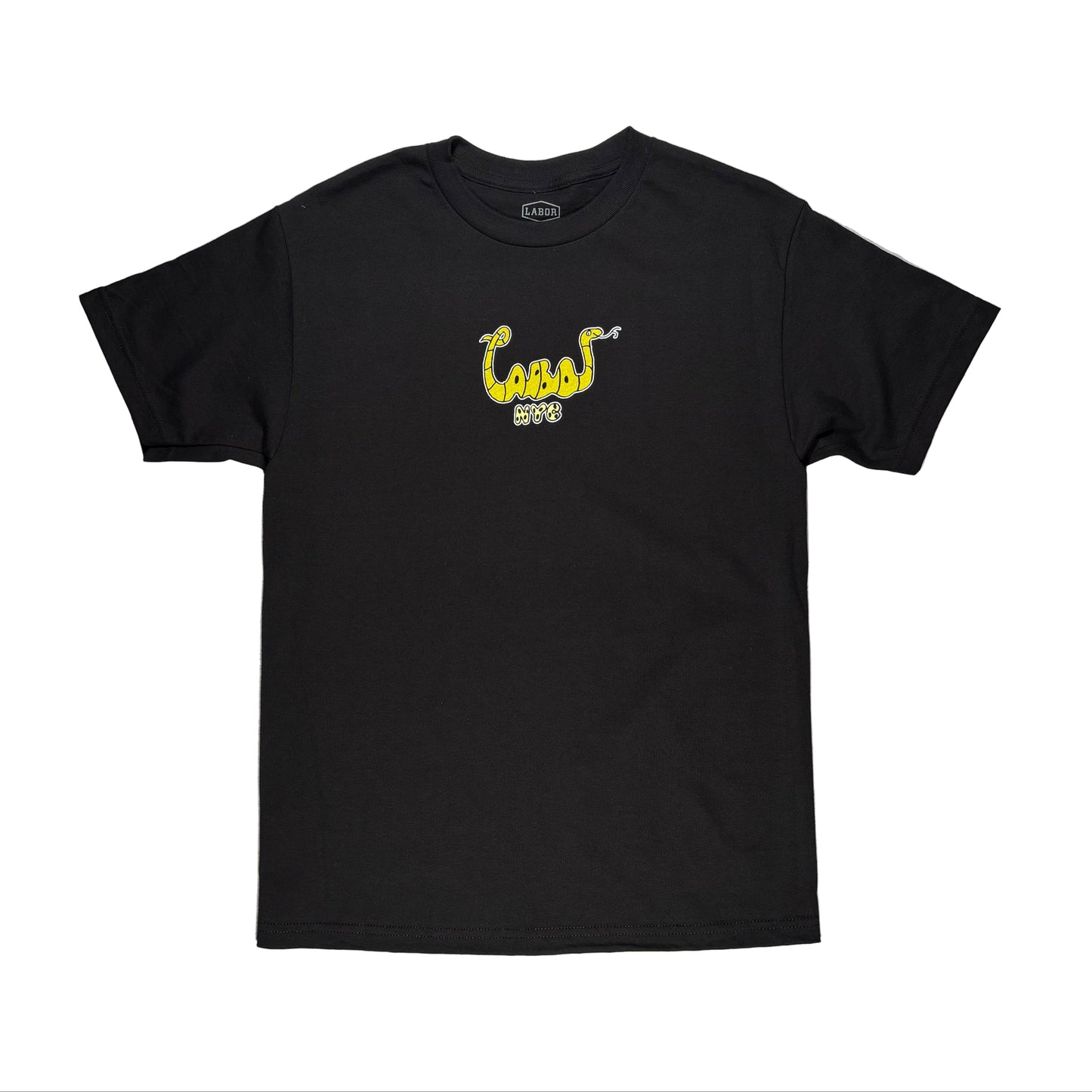 Black t-shirt with yellow snake design on a white surface