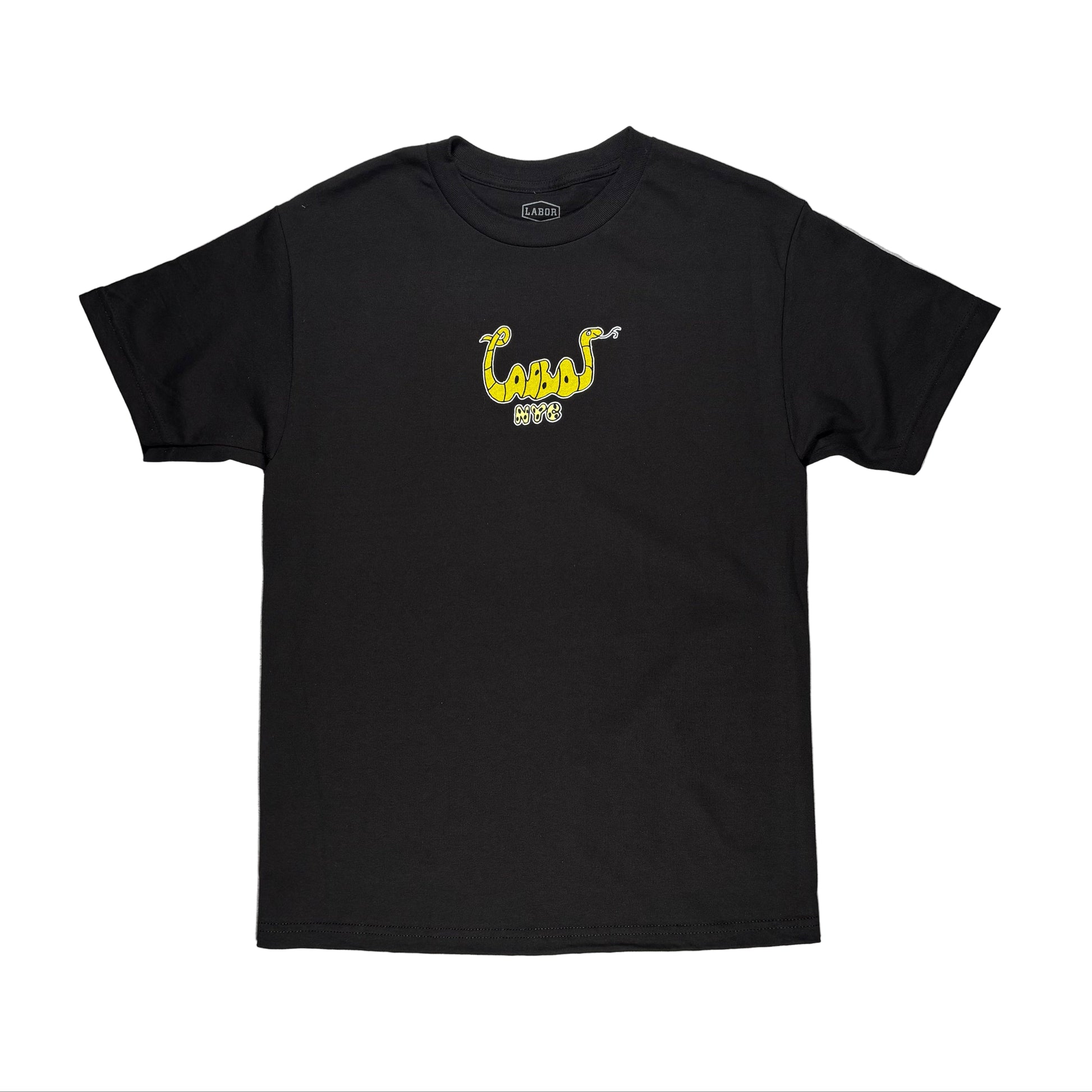 Black t-shirt with yellow snake design on a white surface