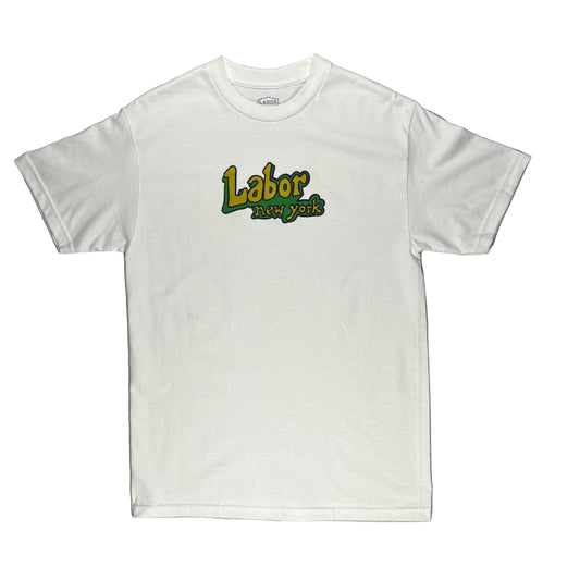 White t-shirt with 'Labor New York' logo on a white surface